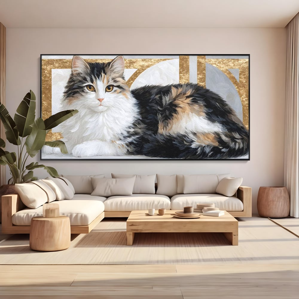 Tablou canvas cu tablou canvas cu pisica calico si accente aurii, in rama de aluminiu negru, pe perete intr-un living